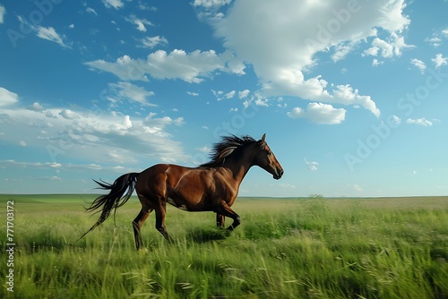 : A horse galloping through a field, with a sense of freedom and joy, under a bright blue sky