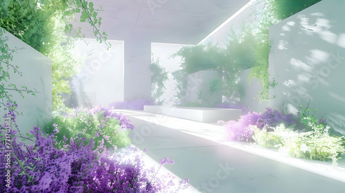 A minimalist chamber adorned with bursts of vivid greens and purples, creating a striking contrast against the pristine white backdrop