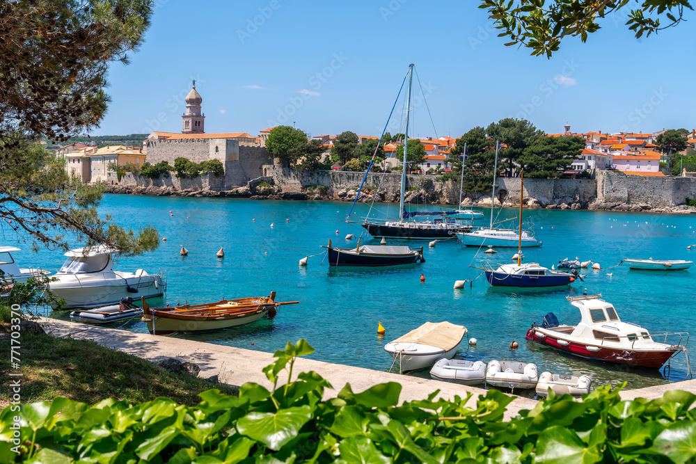 Panorama from the Adriatic promenade of the town of Krk on the island of Krk, Croatia - obrazy, fototapety, plakaty 