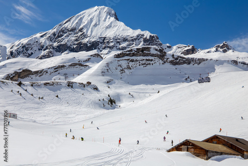 Skifahren vor der Kulisse der Berner Alpen in Grindelwald  Schweiz. Der Berg im Bild ist der Tschuggen