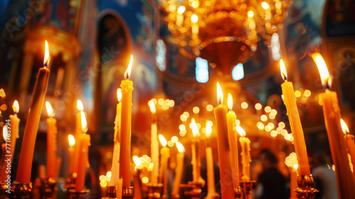 Background orange candles easter burn in orthodox temples. photo