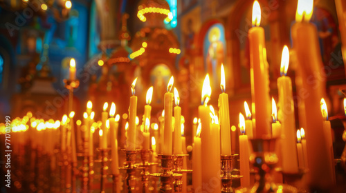 Background orange candles easter burn in orthodox temples.