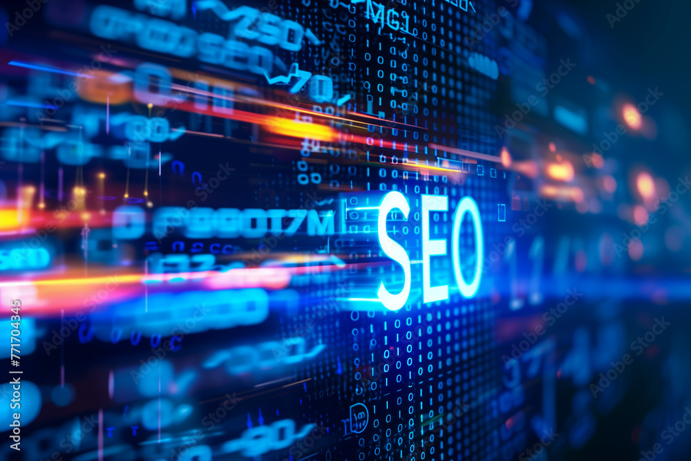 The letters SEO displayed in electric blue in a modern digital interface with blue and orange characters, representing the complexity of search engine optimization on the Web The letters SEO displayed in electric blue in a modern digital interface with blue and orange characters, representing the complexity of search engine optimization on the Web