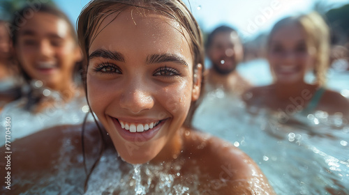 A close-up of a group of friends racing down a twisting water slide  their joyful expressions captured mid-slide as they plunge into the refreshing pool below  creating splashes of
