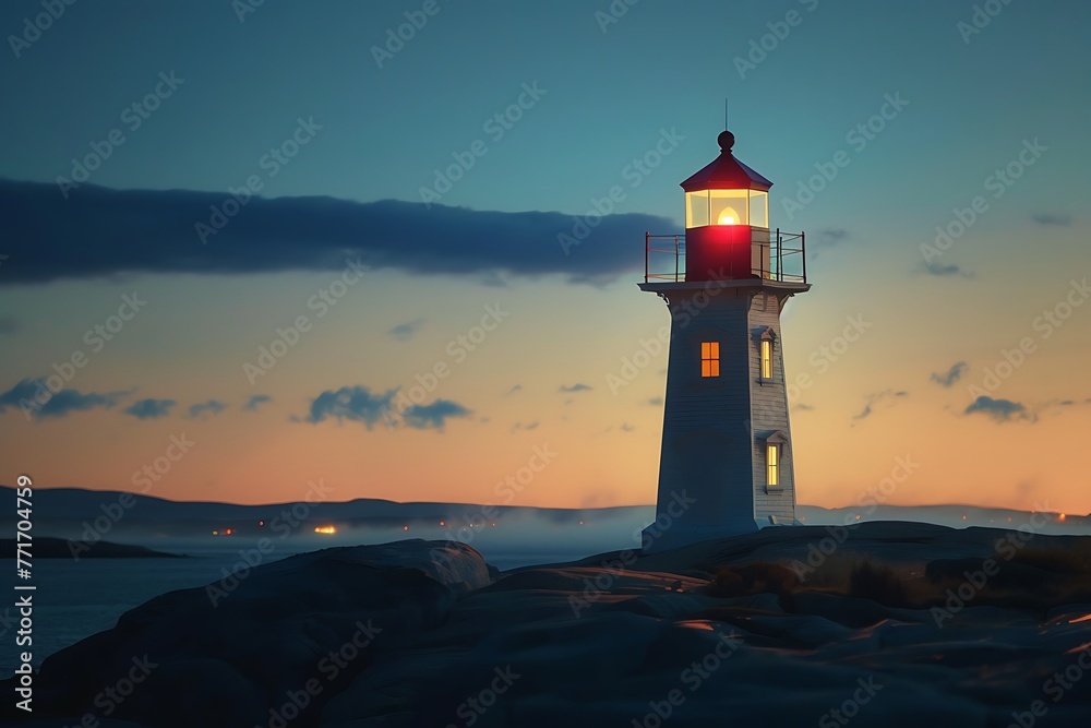 : A lighthouse in the evening, with the light flickering and the shadows changing