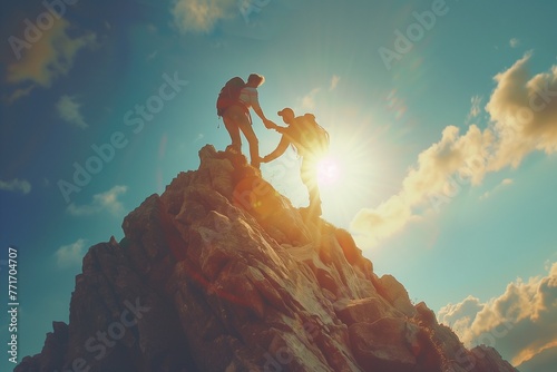 Silhouette of man helping friend reach top on mountain, team work and trust concept , sunlight background, Ai generate. photo