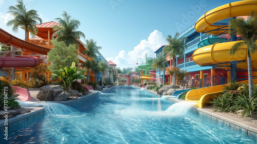 An inviting scene of a family-friendly aquapark, with colorful splash pads, gentle water slides, and interactive play areas designed for young children, providing a safe and enjoya