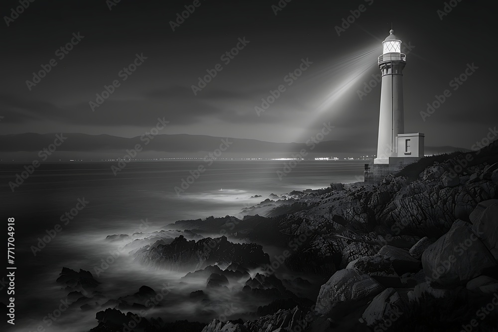 : A lighthouse on a rocky coastline with contrast between the brightly lit lighthouse and the dark coastline - obrazy, fototapety, plakaty 