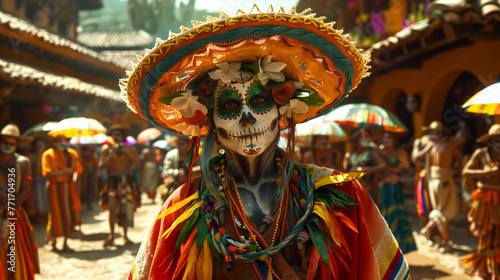 Portrait of a woman wearing mexican hat and skull paint makeup greets people at the Mexican cinco de mayo festival