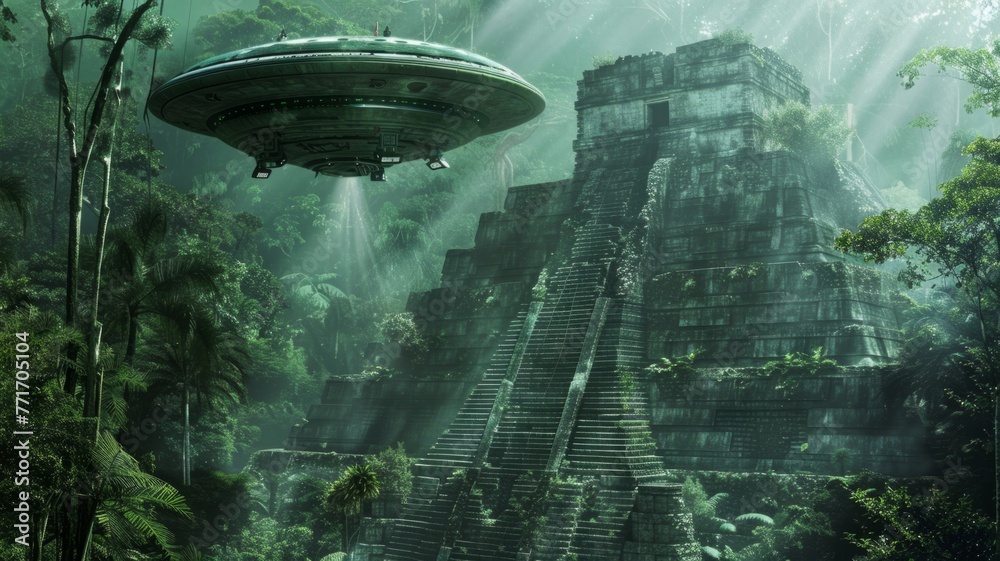UFO hovering over Mayan pyramid in misty jungle - Enigmatic image capturing a UFO hovering above a Mayan pyramid within a mystic, misty jungle environment