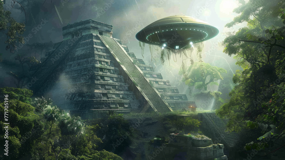Ancient pyramid with a hovering UFO in jungle - Mysterious UFO hovering over an ancient pyramid in a lush jungle setting evoking a concept of ancient aliens - obrazy, fototapety, plakaty 