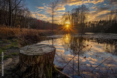 Golden sunset over a peaceful woodland lake - Majestic golden sunset casting a warm glow over a serene woodland lake with a rustic tree stump