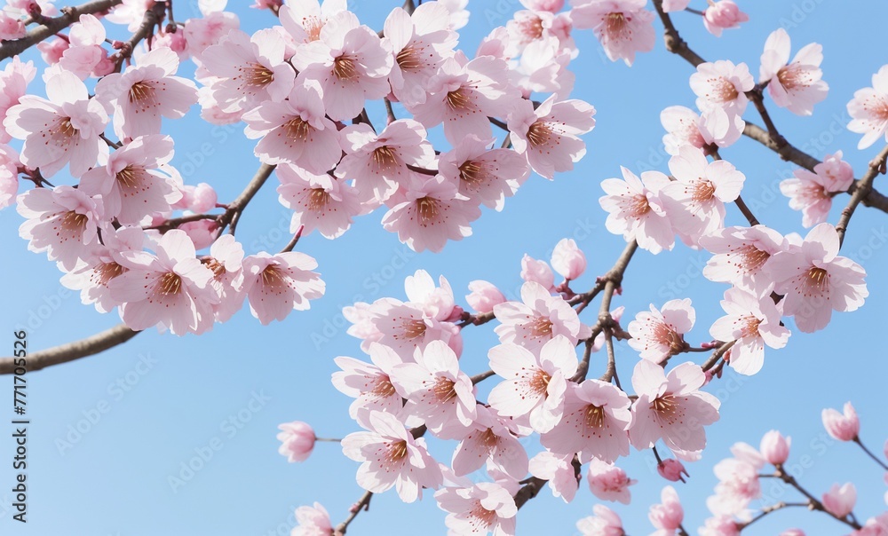 In the city park there are many flowering plum trees with pink flowers on a blue sky background. Slow motion with stabilizer. Spring cherry blossoms. Sakura.