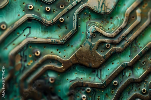   A macro shot of a circuit board  with contrasting metallic components and green circuit paths 
