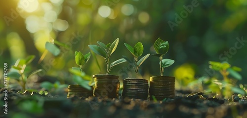 A seedling growing on coins with a natural backdrop, blurry green, money-saving ideas, and economic growth. saving money. Money growth & save concepts. Generative AI