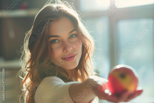 Beautiful woman extending her hand with an apple.