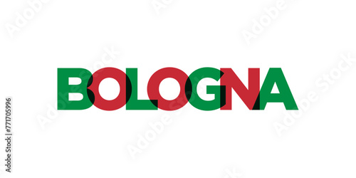 Bologna in the Italia emblem. The design features a geometric style, vector illustration with bold typography in a modern font. The graphic slogan lettering.
