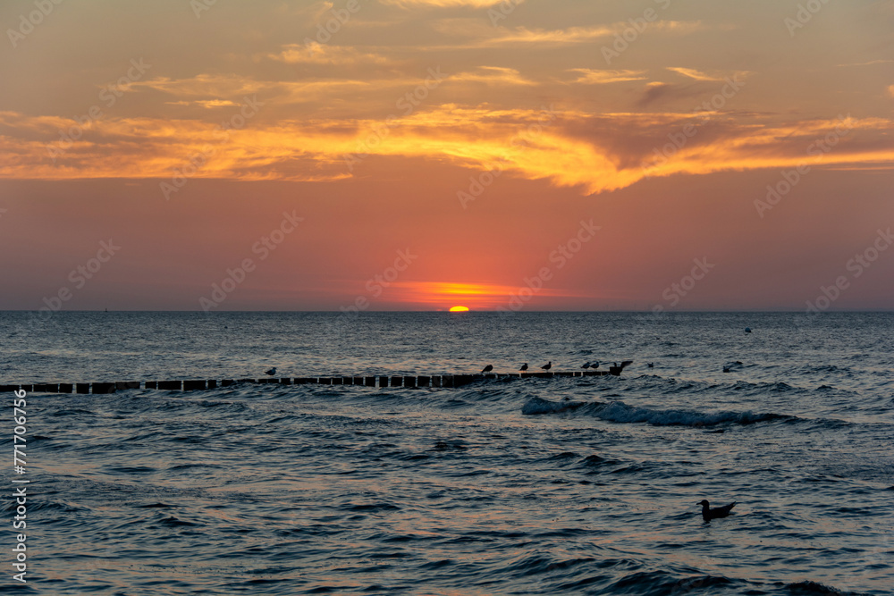 Sunset over the sea with breakwaters and birds