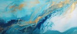 Closeup of a fluid painting with electric blue and gold marbling, resembling a natural landscape with water and sky elements, reminiscent of wind waves
