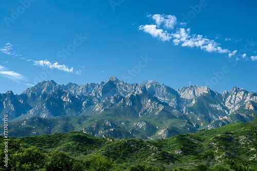   A majestic mountain range under a clear blue sky