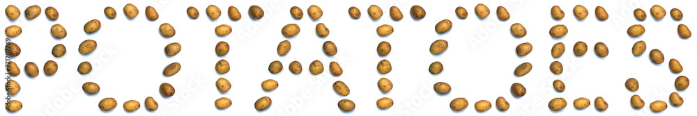 Fototapeta premium Small potatoes arranged as the word POTATOES