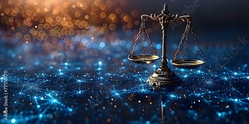 Justice scales symbol in a data center background: Representing judiciary and fairness in the modern era. Concept Law and Technology, Symbolic Imagery, Modern Justice, Data Center