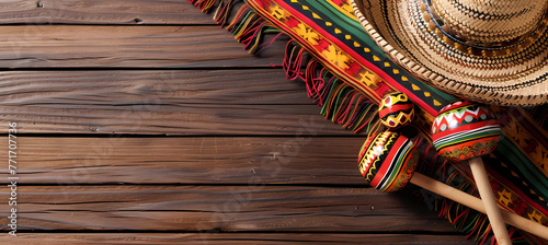 Beautiful Mexican sombrero and maracas on wooden background © ginstudio