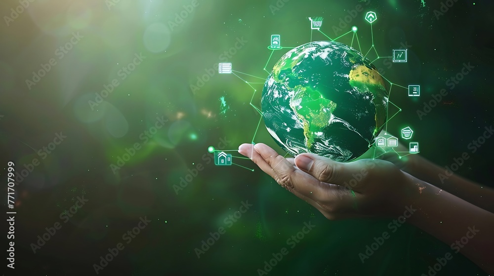 ESG icon concept in the woman hand for environmental, social, and governance by using technology of renewable resources to reduce pollution and carbon emission. Generative AI ESG icon concept in the woman hand for environmental, social, and governance by using technology of renewable resources to reduce pollution and carbon emission. Generative AI