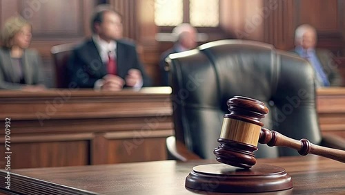 The gavel of the judge against the backdrop of an courtroom, a symbol of authority and justice, its sound echoing the finality of a verdict photo