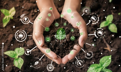 ESG icon concept in the woman hand for environmental, social, and governance by using technology of renewable resources to reduce pollution and carbon emission photo