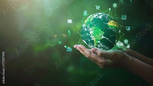 ESG icon concept in the woman hand for environmental, social, and governance by using technology of renewable resources to reduce pollution and carbon emission. Generative AI photo