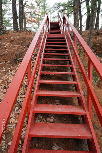 Fototapeta Naklejka Na Ścianę i Meble -  A path of Red stairs leads up a rocky hillside at Rockbridge, Wisconsin 