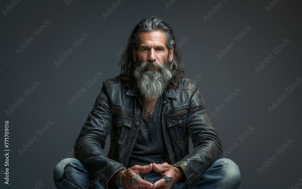 Obraz premium Rough looking man wearing leather jacket, large beard and moustache, sitting calmly, fingers on hands touching, studio photo. Generative AI