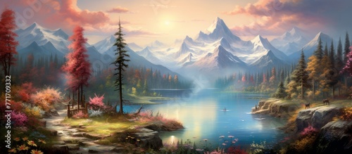 A beautiful natural landscape painting capturing a serene lake with majestic mountains in the background. The sky is dotted with clouds, creating a peaceful and picturesque scene © AkuAku