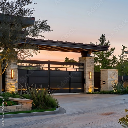 San Diego modern gated community luxury home. Sophisticated and modern gate with a guardhouse at a community driveway in san diego captured with the beautiful sunset evening. photo