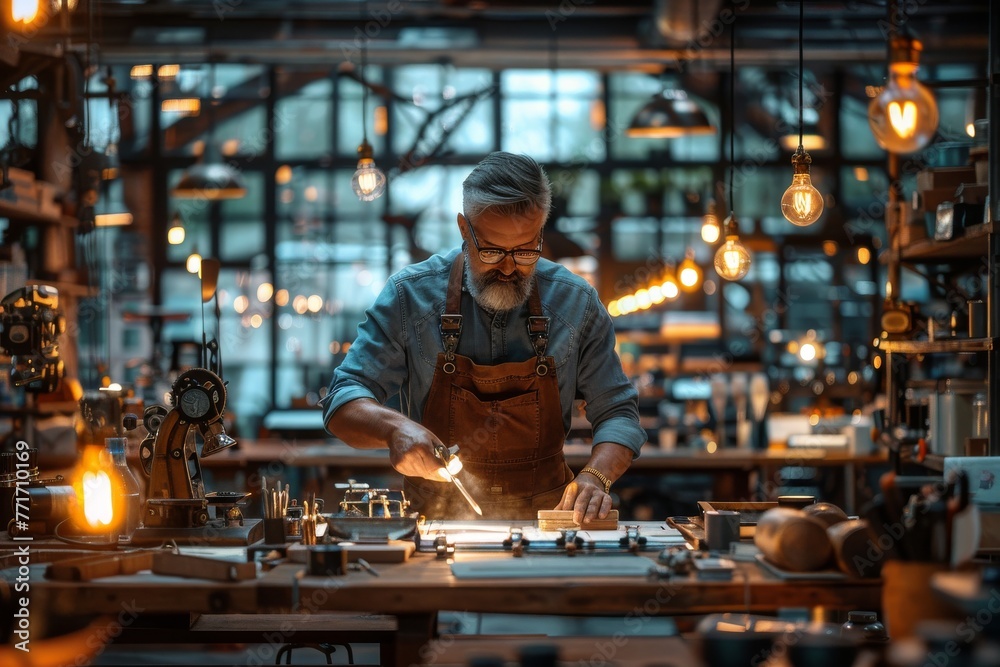 Skilled craftsman busy with metalwork, detailed focus on hands and glowing sparks in creative workspace