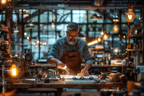Skilled craftsman busy with metalwork, detailed focus on hands and glowing sparks in creative workspace