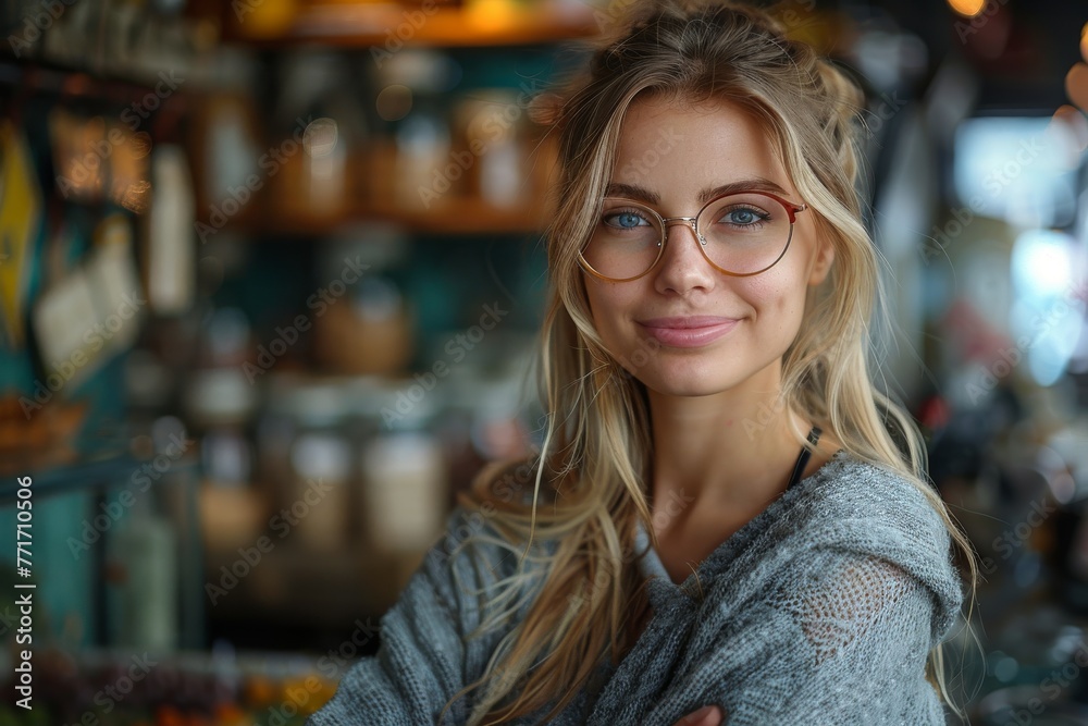 Attractive blonde woman with a friendly smile, wearing clear-framed glasses and a casual sweater in a cozy café
