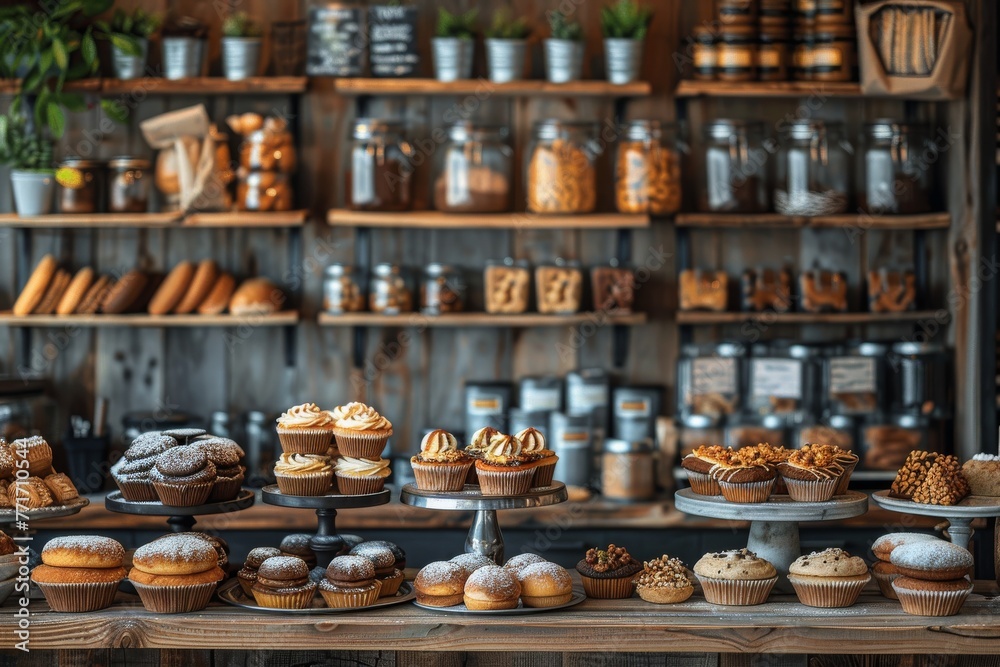 Delicious display of a variety of freshly baked muffins presented on tiered stands with selective focus