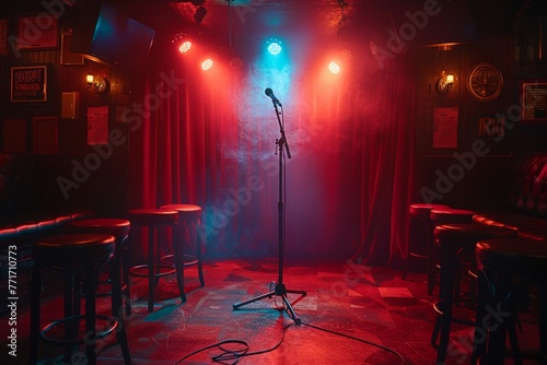 Comedy club interior, wide view, spotlight on stage for a standup entertainment wallpaper , vibrant