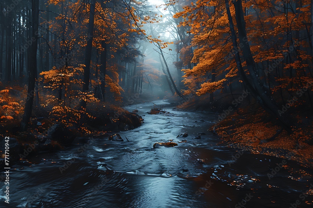 : A peaceful river flowing through a forest