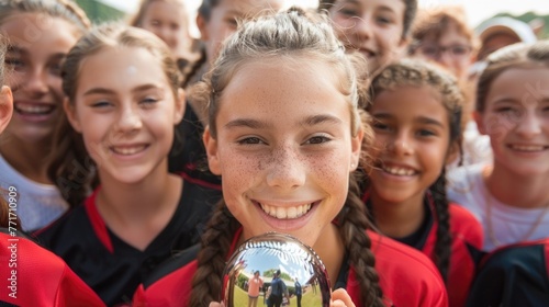 Middle school girl softball player kissing trophy with cheering teammates