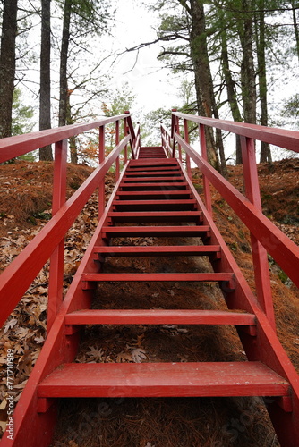 A path of Red stairs leads up a rocky hillside at Rockbridge  Wisconsin 