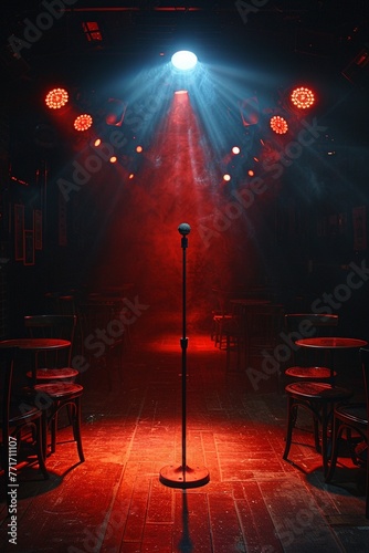 Comedy club interior, wide view, spotlight on stage for a standup entertainment wallpaper , vibrant