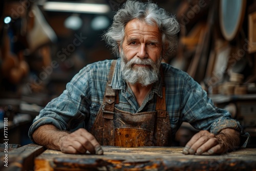 Aged woodworker standing confidently in his well-equipped carpentry workshop