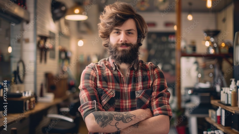Confident hipster hair stylist in hair salon Confident hipster hair stylist in hair salon