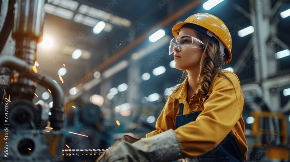 Female welder in manufacturing plant Female welder in manufacturing plant