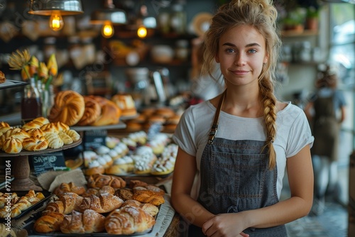 A friendly young female baker stands proudly in her bakery, surrounded by fresh pastries