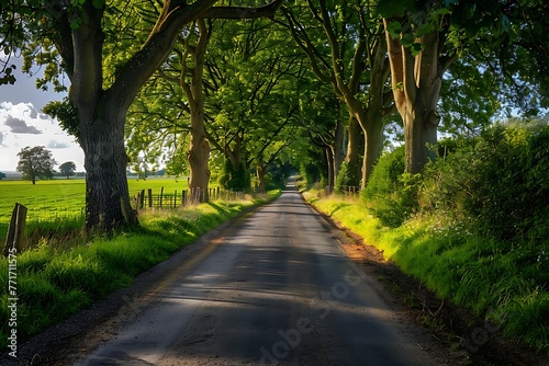   A quiet country road surrounded by trees and fields