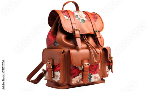 A brown floral backpack featuring a whimsical flower pattern, perfect for adding a touch of nature to any outfit